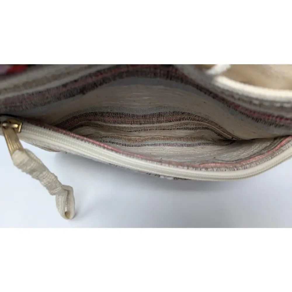 Vintage 80s Clutch Purse Beige Colorful Stripe Woven Bag